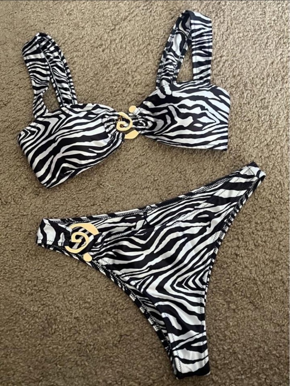 Avon Black and White Zebra Print Bikini Set with Gold Accents